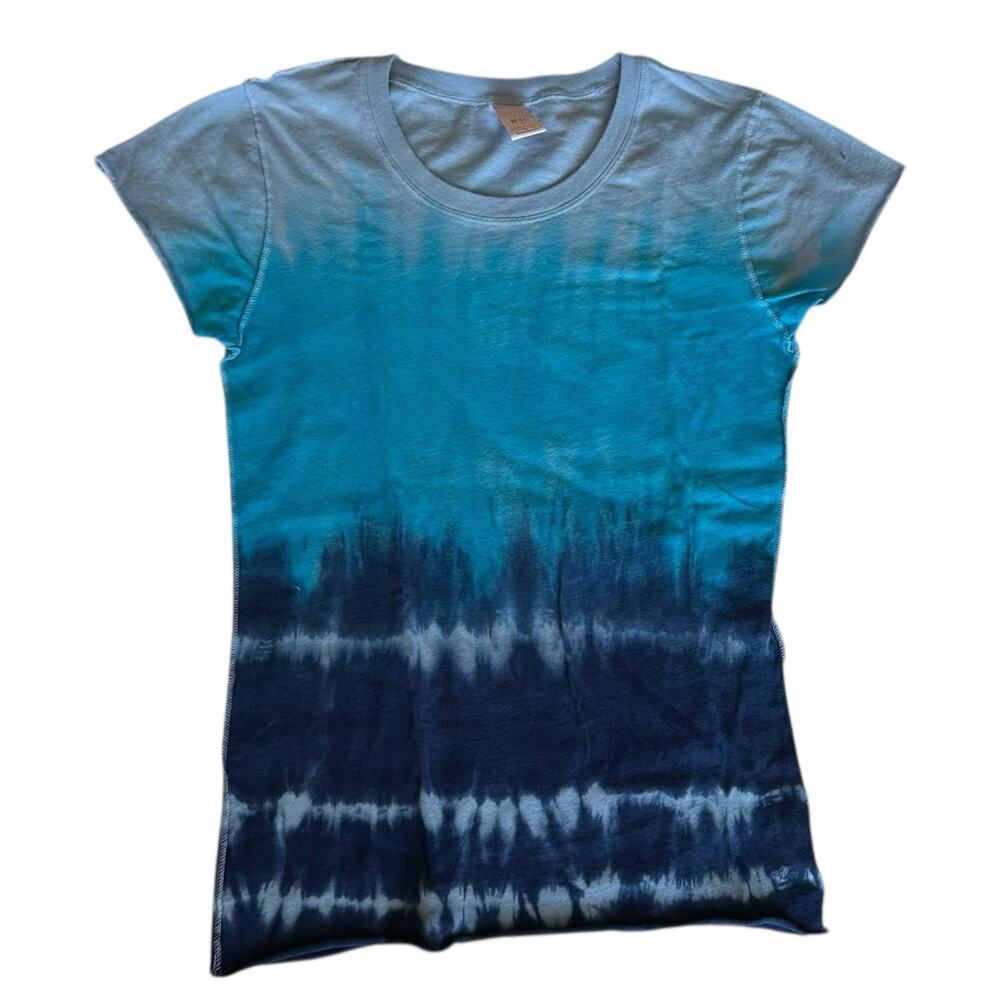 Womens T-Shirt Size Juniors Small Blue Ombre Handmade Tie Dye Scoop Neck NEW